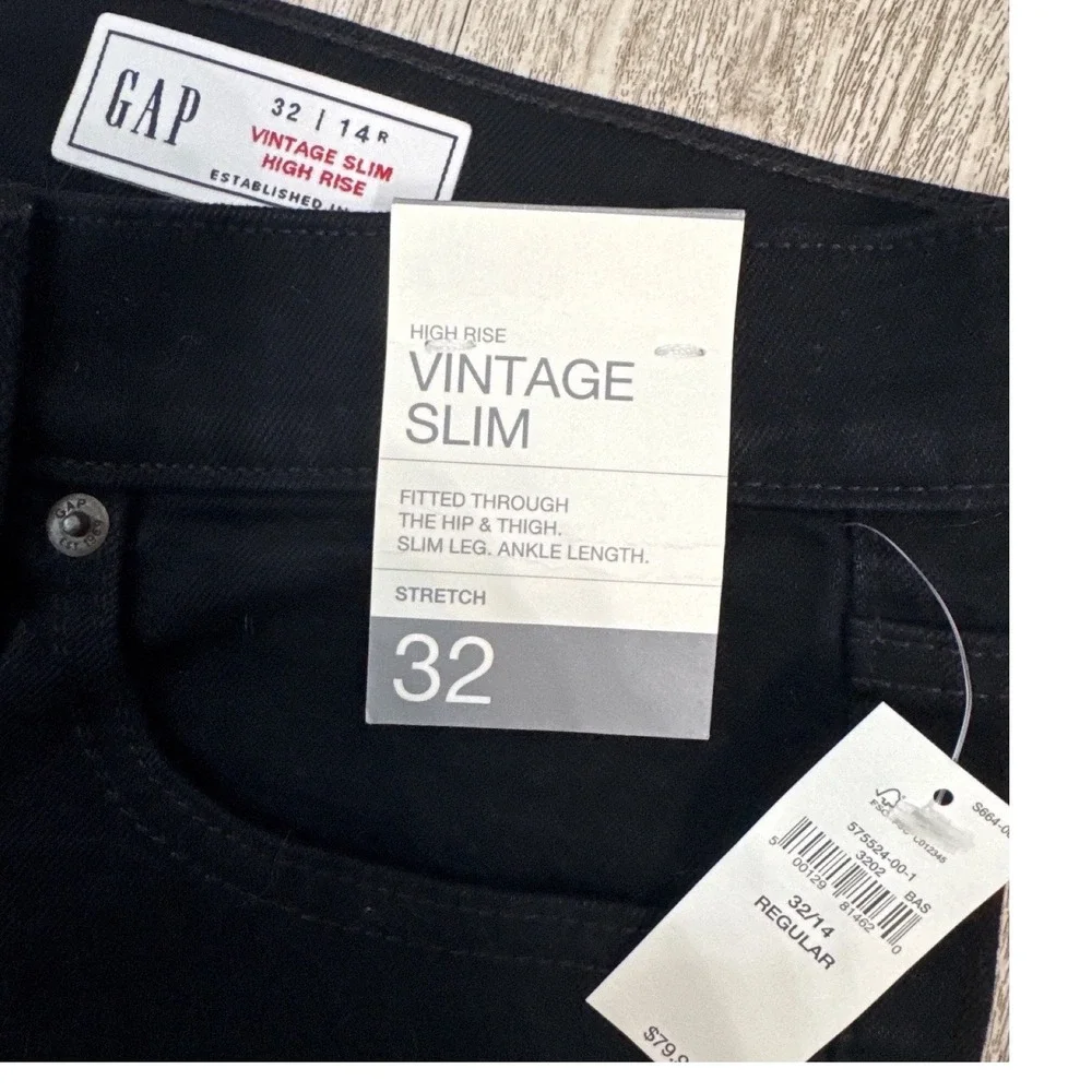 GAP Vintage Slim High Rise Jeans Womens 32 14R Black Stretch Ankle Denim‎ NEW